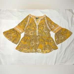 New York & Co SoHo Jeans Flounce Sleeve Tunic Blouse Yellow/White Paisley Size M